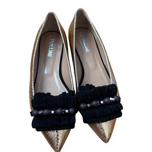 Pollini Pointed Toe Flats Women Gold Good Snakeskin Fringe Suede SIZE 38.5